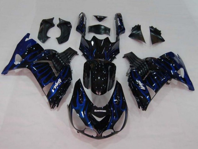 2006-2011 Kawasaki ZX14R ZZR1400 Motorcycle Fairings - Glossy Black Blue Flame UK