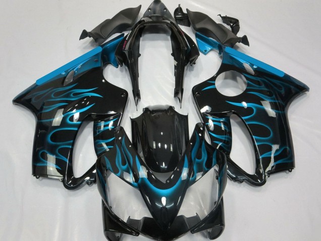 2004-2007 Honda CBR600 F4i Motorcycle Fairings - Glossy Black Light Blue Flame UK