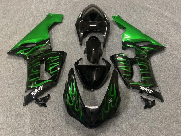 2005-2006 Kawasaki ZX6R Motorcycle Fairings - Glossy Black Green Flame UK