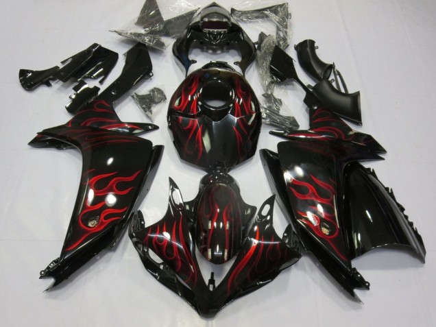 2007-2008 Yamaha YZF 1000 R1 Motorcycle Fairings - Glossy Black Red Flame UK