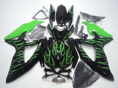 2008-2010 Suzuki GSXR 600 Motorcycle Fairings - Glossy Black Green Flame UK