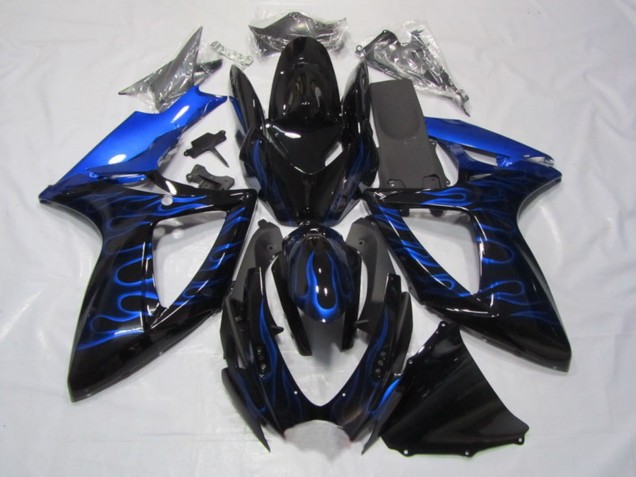 2006-2007 Suzuki GSXR 750 Motorcycle Fairings - Glossy Black Blue Flame UK