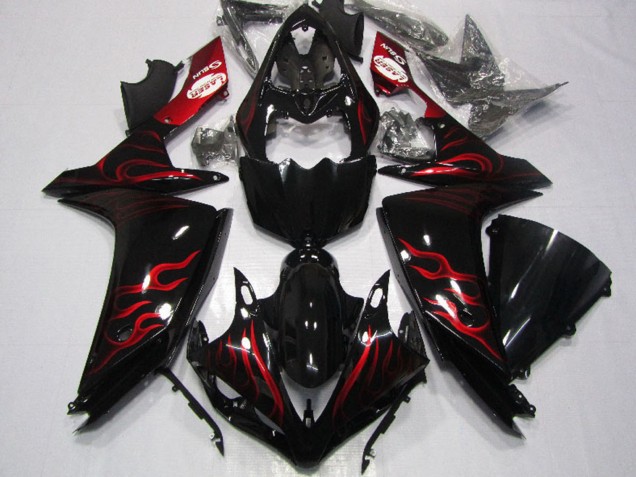 2007-2008 Yamaha YZF R1 Motorcycle Fairing - Glossy Black Red Flame UK
